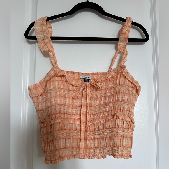 American Eagle Outfitters Tops - American Eagle Outfitters Peach-Orange Plaid Smocked Ruffle Camisole